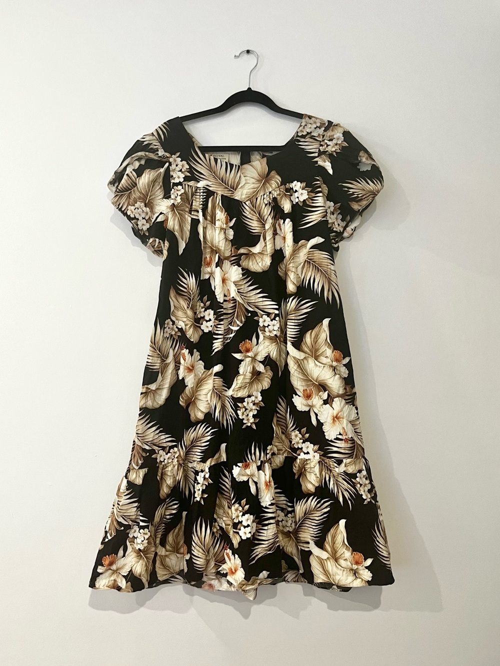 Royal Hawaiian Creations Vintage Black Floral Ruffle Cotton Midi Dress Large